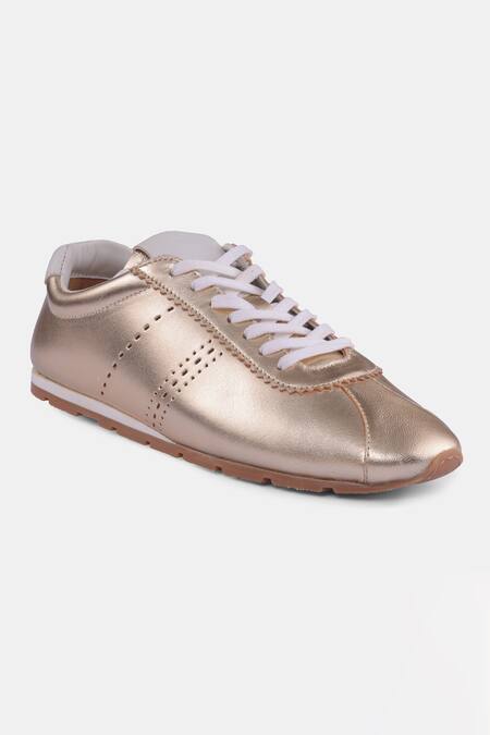Shop_Heel Your Sole_Gold Brooches Metallic Brogue Lace Up Sneakers _Online_at_Aza_Fashions