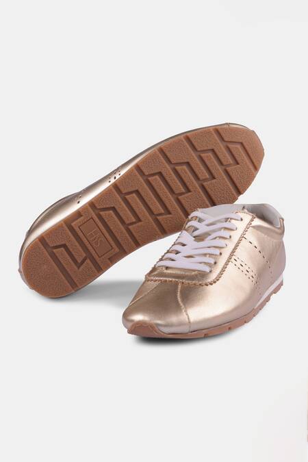 Heel Your Sole_Gold Brooches Metallic Brogue Lace Up Sneakers _at_Aza_Fashions