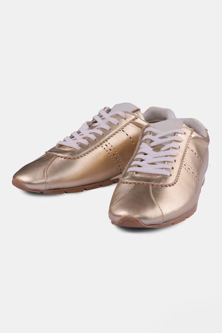 Shop_Heel Your Sole_Gold Brooches Metallic Brogue Lace Up Sneakers _at_Aza_Fashions