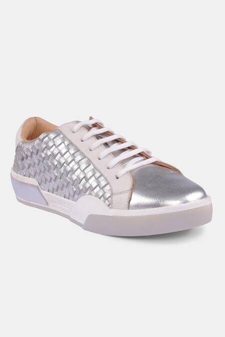 Shop Heel Your Sole Silver Embroidery Metallic Woven Sneakers Online at Aza Fashions Shop_Heel Your Sole_Silver Embroidery Metallic Woven Sneakers _Online_at_Aza_Fashions