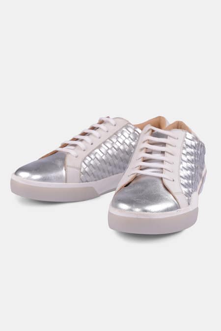 Shop Heel Your Sole Silver Embroidery Metallic Woven Sneakers at Aza Fashions Shop_Heel Your Sole_Silver Embroidery Metallic Woven Sneakers _at_Aza_Fashions