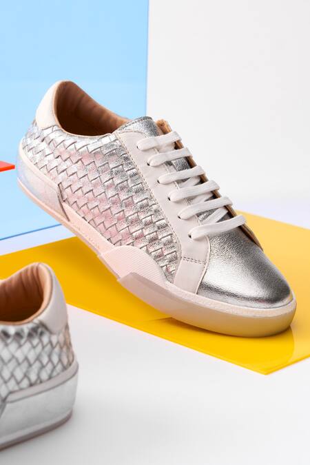 Shop Heel Your Sole Silver Embroidery Metallic Woven Sneakers Shop_Heel Your Sole_Silver Embroidery Metallic Woven Sneakers