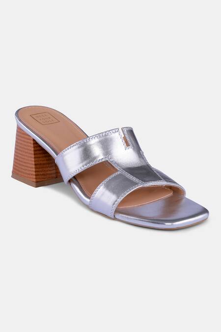 Heel Your Sole_Silver Cut Work Metallic Block Heels _Online_at_Aza_Fashions