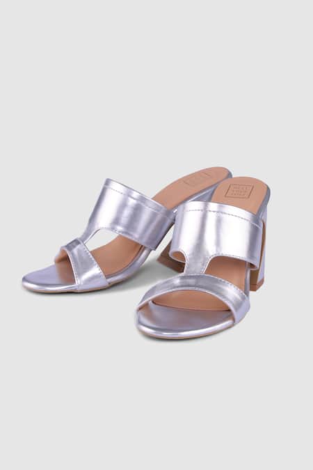 Heel Your Sole Silver Block Heels with Thread Detailing 