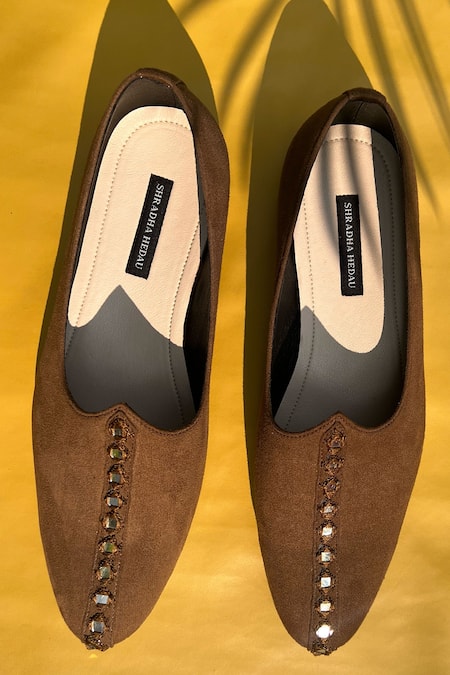 Shradha Hedau Footwear Couture Tan Metal Embroidered Moccasins 