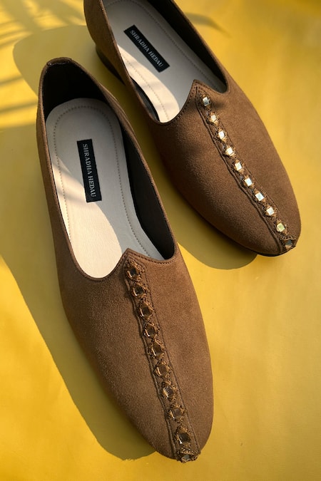 Shradha Hedau Footwear Couture Brown Tan Metal Embroidered Moccasins Online at Aza Fashions Shradha Hedau Footwear Couture_Brown Tan Metal Embroidered Moccasins _Online_at_Aza_Fashions