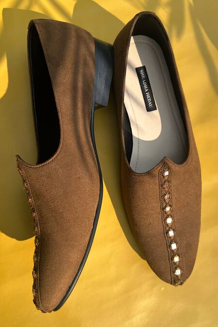 Buy Shradha Hedau Footwear Couture Brown Tan Metal Embroidered Moccasins Online at Aza Fashions Buy_Shradha Hedau Footwear Couture_Brown Tan Metal Embroidered Moccasins _Online_at_Aza_Fashions