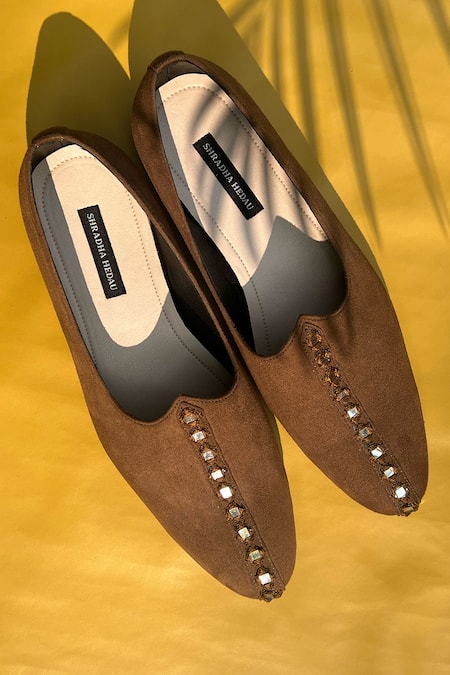 Shop Shradha Hedau Footwear Couture Brown Tan Metal Embroidered Moccasins Online at Aza Fashions Shop_Shradha Hedau Footwear Couture_Brown Tan Metal Embroidered Moccasins _Online_at_Aza_Fashions
