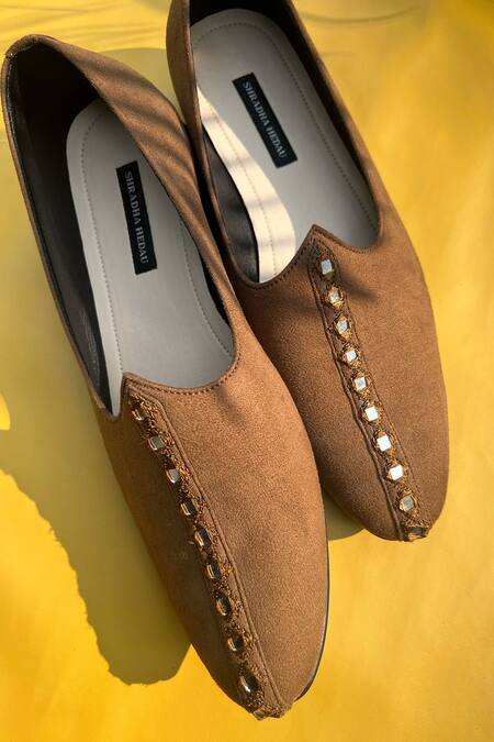 Buy Shradha Hedau Footwear Couture Brown Tan Metal Embroidered Moccasins Buy_Shradha Hedau Footwear Couture_Brown Tan Metal Embroidered Moccasins