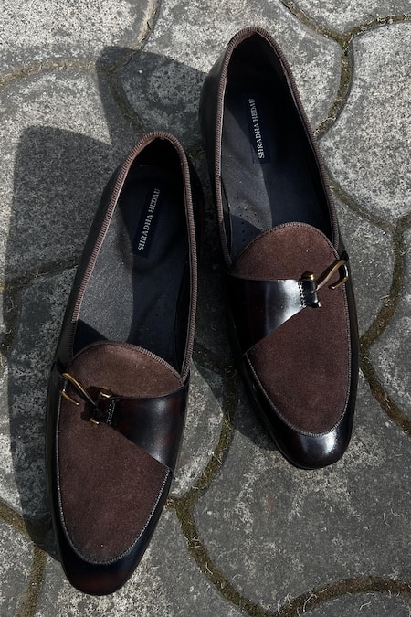 Shop Shradha Hedau Footwear Couture Brown Rayon, Suede Buckles Soren Tapered Toe Moccasins at Aza Fashions Shop_Shradha Hedau Footwear Couture_Brown Rayon, Suede Buckles Soren Tapered Toe Moccasins _at_Aza_Fashions