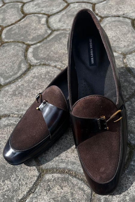 Shradha Hedau Footwear Couture Brown Rayon, Suede Buckles Soren Tapered Toe Moccasins Online at Aza Fashions Shradha Hedau Footwear Couture_Brown Rayon, Suede Buckles Soren Tapered Toe Moccasins _Online_at_Aza_Fashions