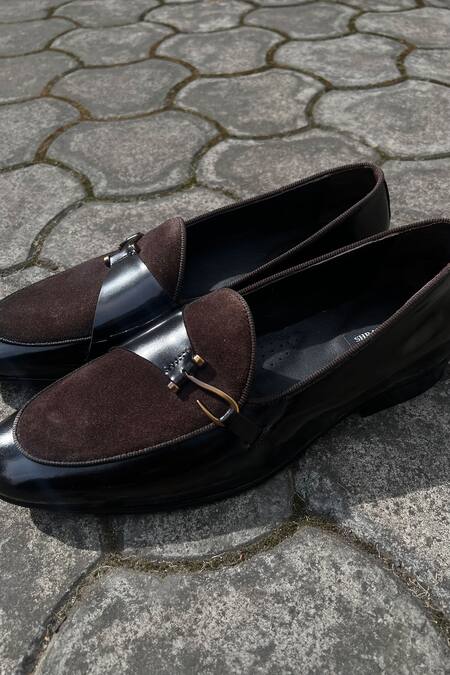 Shop Shradha Hedau Footwear Couture Brown Rayon, Suede Buckles Soren Tapered Toe Moccasins Online at Aza Fashions Shop_Shradha Hedau Footwear Couture_Brown Rayon, Suede Buckles Soren Tapered Toe Moccasins _Online_at_Aza_Fashions