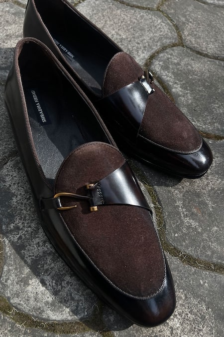 Shradha Hedau Footwear Couture Brown Rayon, Suede Buckles Soren Tapered Toe Moccasins at Aza Fashions Shradha Hedau Footwear Couture_Brown Rayon, Suede Buckles Soren Tapered Toe Moccasins _at_Aza_Fashions