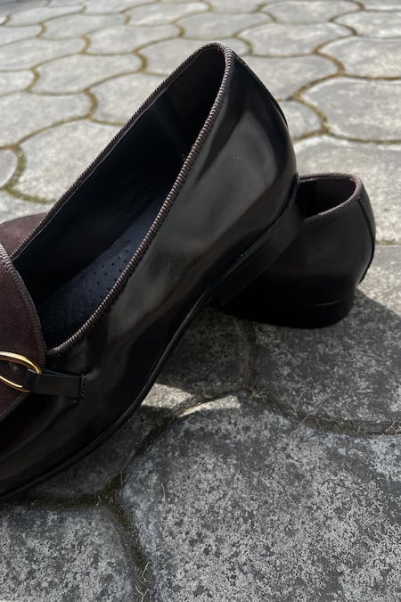 Buy Shradha Hedau Footwear Couture Brown Rayon, Suede Buckles Soren Tapered Toe Moccasins Buy_Shradha Hedau Footwear Couture_Brown Rayon, Suede Buckles Soren Tapered Toe Moccasins