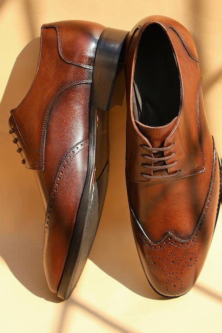 Shop_Shradha Hedau Footwear Couture_Brown Tan Tapered Toe Lace Up Moccasins _at_Aza_Fashions