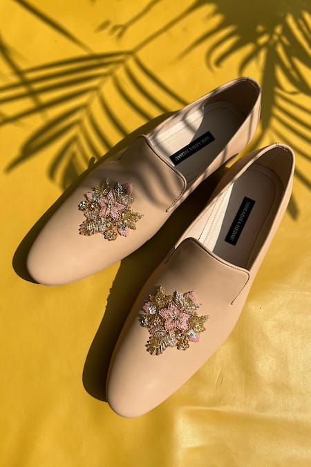 Shradha Hedau Footwear Couture Beige Floral Embroidered Moccasins 