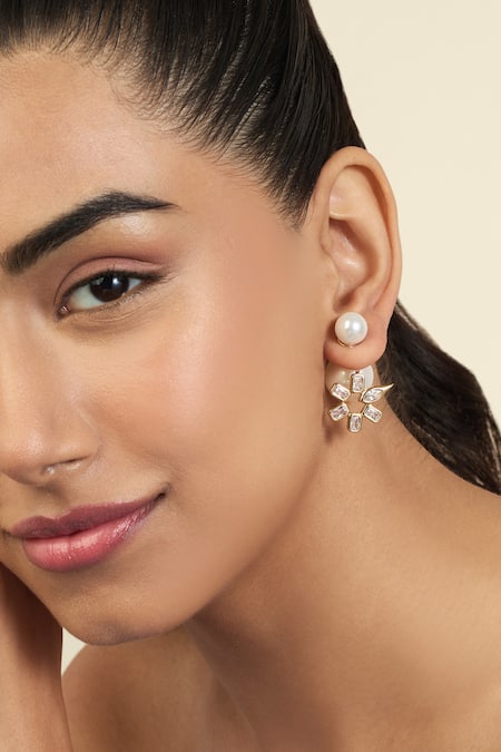 Isharya_Gold Plated Crystals, Cut Work, Stones Cubic Zirconia Embellished Studs _Online_at_Aza_Fashions