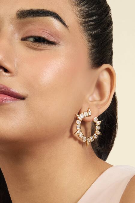 Isharya_Gold Plated Crystals, Cut Work Embellished Hoops_Online_at_Aza_Fashions