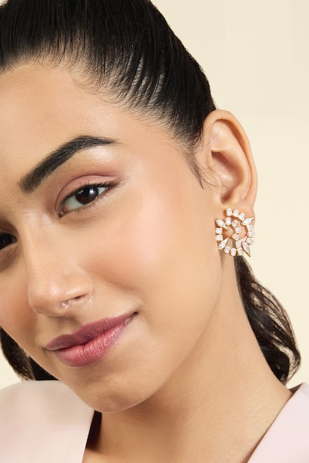 Buy_Isharya_Gold Plated Crystals, Cut Work, Stones Embellished Spiral Stud Earrings_Online_at_Aza_Fashions