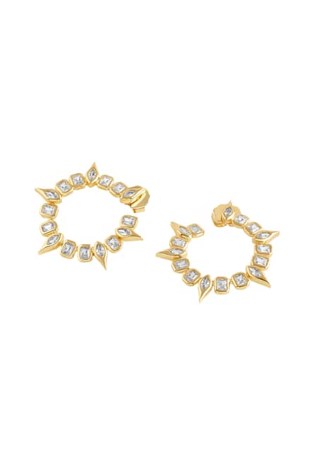 Shop_Isharya_Gold Plated Crystals, Cut Work, Stones Embellished Spiral Stud Earrings_Online_at_Aza_Fashions