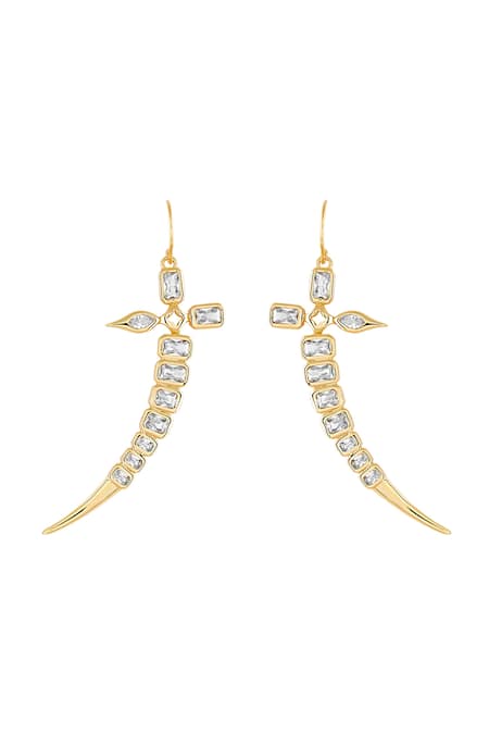 Shop Isharya Gold Plated Crystals, Cut Work, Stones Cubic Zirconia Sword Danglers at Aza Fashions Shop_Isharya_Gold Plated Crystals, Cut Work, Stones Cubic Zirconia Sword Danglers_at_Aza_Fashions