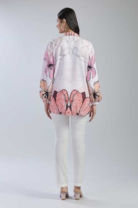 Shop_Raffine_White Cotton Cut Work Collared Floral Print Embroidered Shirt _at_Aza_Fashions