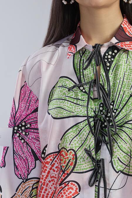 Buy_Raffine_White Cotton Cut Work Collared Floral Print Embroidered Shirt _Online_at_Aza_Fashions