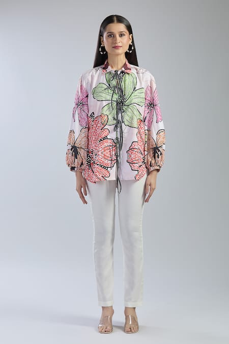 Shop_Raffine_White Cotton Cut Work Collared Floral Print Embroidered Shirt _Online_at_Aza_Fashions