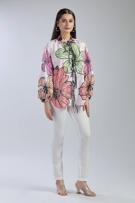 Raffine_White Cotton Cut Work Collared Floral Print Embroidered Shirt _at_Aza_Fashions