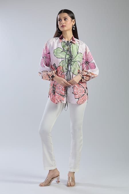 Buy_Raffine_White Cotton Cut Work Collared Floral Print Embroidered Shirt 