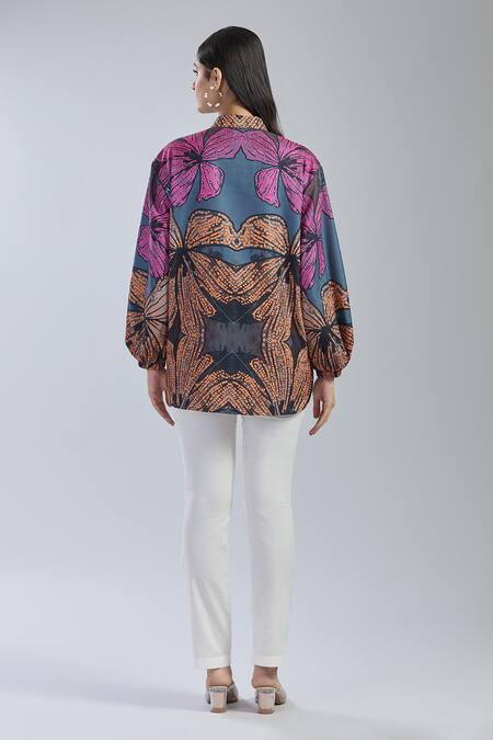 Shop_Raffine_Black Cotton Pearls, Cut Work Collared Floral Embroidered Shirt _at_Aza_Fashions
