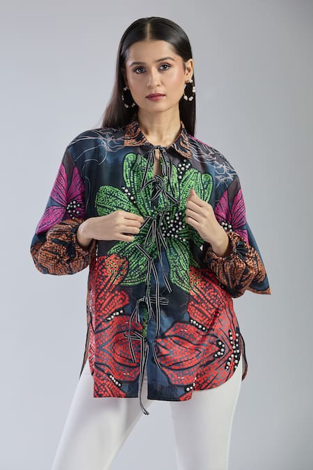 Raffine_Black Cotton Pearls, Cut Work Collared Floral Embroidered Shirt _Online_at_Aza_Fashions