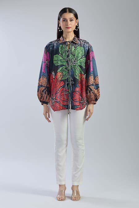 Buy_Raffine_Black Cotton Pearls, Cut Work Collared Floral Embroidered Shirt _Online_at_Aza_Fashions