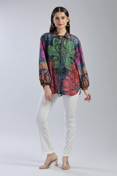 Shop_Raffine_Black Cotton Pearls, Cut Work Collared Floral Embroidered Shirt _Online_at_Aza_Fashions