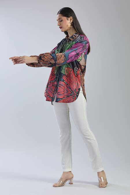 Raffine_Black Cotton Pearls, Cut Work Collared Floral Embroidered Shirt _at_Aza_Fashions