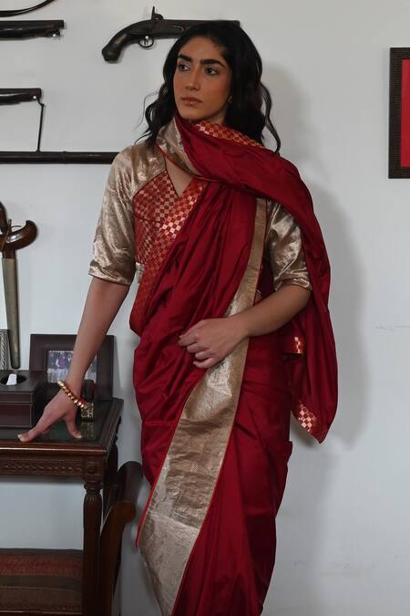 Shop Shorshe Clothing Red Brocade, Silk Checkered Broad Border Designer Saree at Aza Fashions Shop_Shorshe Clothing_Red Brocade, Silk Checkered Broad Border Designer Saree_at_Aza_Fashions