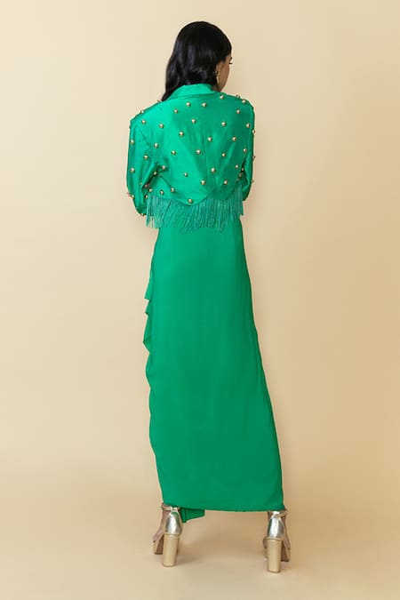 Maison Blu Stud Embellished Green Blazer & Draped Skirt Set 