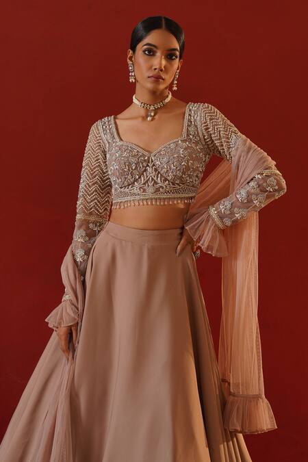 Buy_Kapda Dori_Beige Net, Satin Crystals, Cut Work, Sequins Sweetheart Embroidered Lehenga Set _Online_at_Aza_Fashions