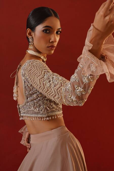 Shop_Kapda Dori_Beige Net, Satin Crystals, Cut Work, Sequins Sweetheart Embroidered Lehenga Set _Online_at_Aza_Fashions