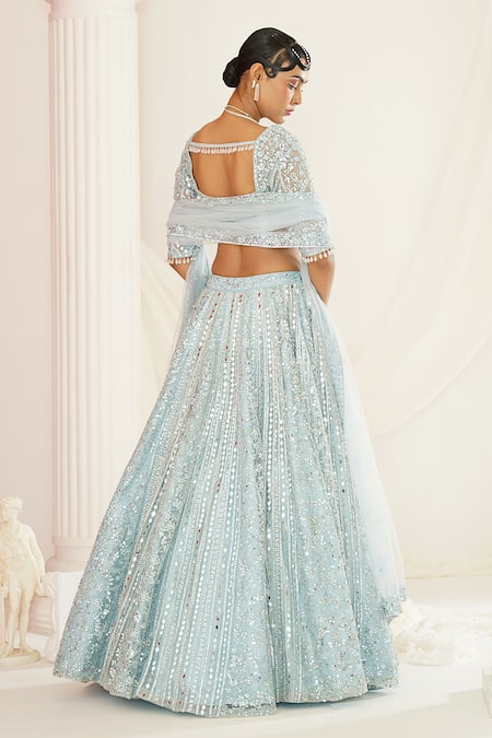 Kapda Dori_Aqua Net, Silk Mirrors, Sequins Polo Collar Abstract Embroidered Lehenga Set _Online_at_Aza_Fashions