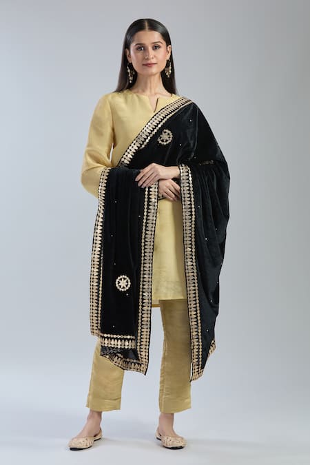 Shop_Naintara Bajaj_Black Velvet Beads, Stones Floral Embroidered Dupatta _Online_at_Aza_Fashions