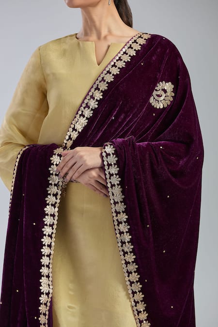 Shop_Naintara Bajaj_Wine Velvet Gota Patti, Embroidery Dupatta _Online_at_Aza_Fashions