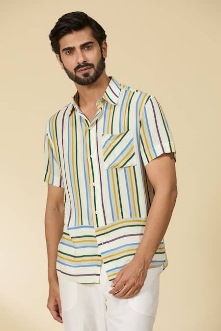 Ewoke_White Tencel Stripe Shirt _at_Aza_Fashions