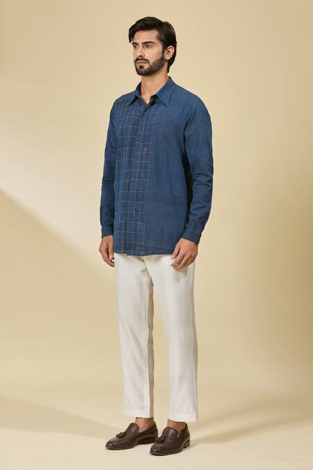 Buy Ewoke Blue Cotton Geometric Checkered Shirt Online at Aza Fashions Buy_Ewoke_Blue Cotton Geometric Checkered Shirt _Online_at_Aza_Fashions