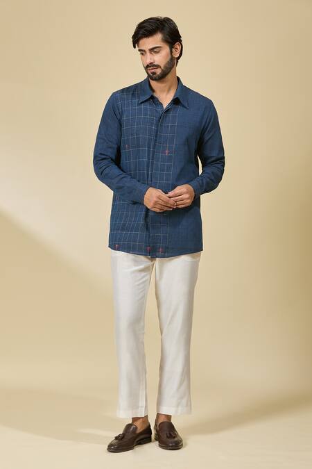 Shop Ewoke Blue Cotton Geometric Checkered Shirt Online at Aza Fashions Shop_Ewoke_Blue Cotton Geometric Checkered Shirt _Online_at_Aza_Fashions