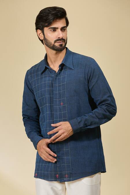 Ewoke Blue Cotton Geometric Checkered Shirt at Aza Fashions Ewoke_Blue Cotton Geometric Checkered Shirt _at_Aza_Fashions