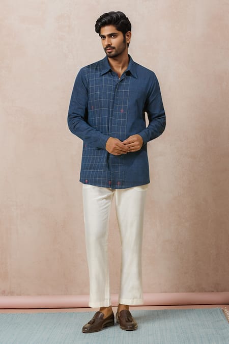 Shop Ewoke Blue Cotton Geometric Checkered Shirt Shop_Ewoke_Blue Cotton Geometric Checkered Shirt
