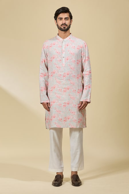Buy_Ewoke_Gray Hemp Grey Floral Pattern Straight Kurta _Online_at_Aza_Fashions