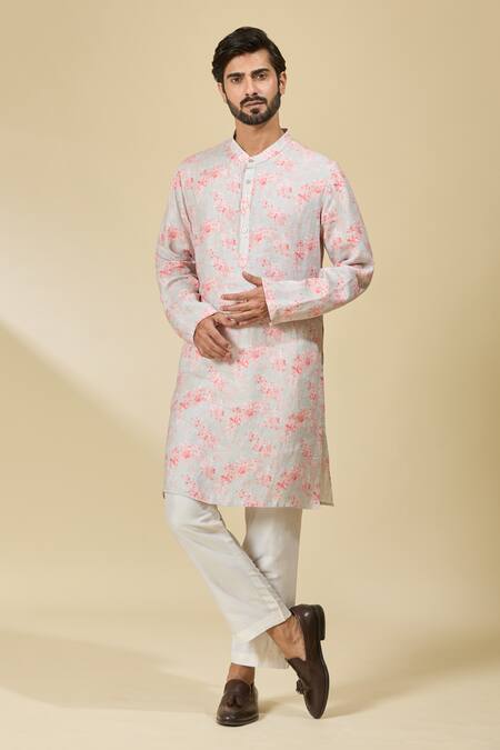 Shop_Ewoke_Gray Hemp Grey Floral Pattern Straight Kurta _Online_at_Aza_Fashions