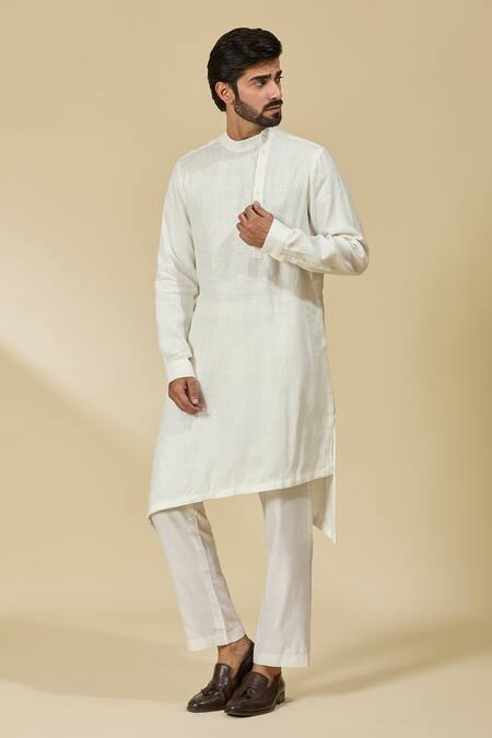 Shop_Ewoke_White Hemp Asymmetric Kurta _Online_at_Aza_Fashions